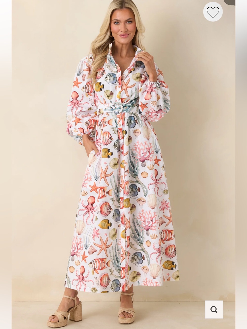 Linen Ocean-Print Maxi Dress with Belt — White/Pink